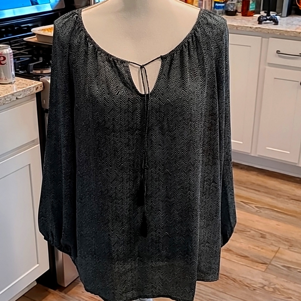 Loft Blouse, Green and Black Herringbone pattern